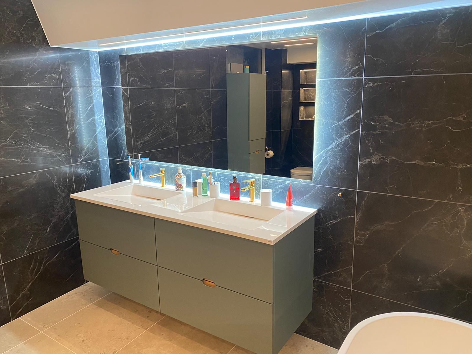 Black marble bathroom with double vanity