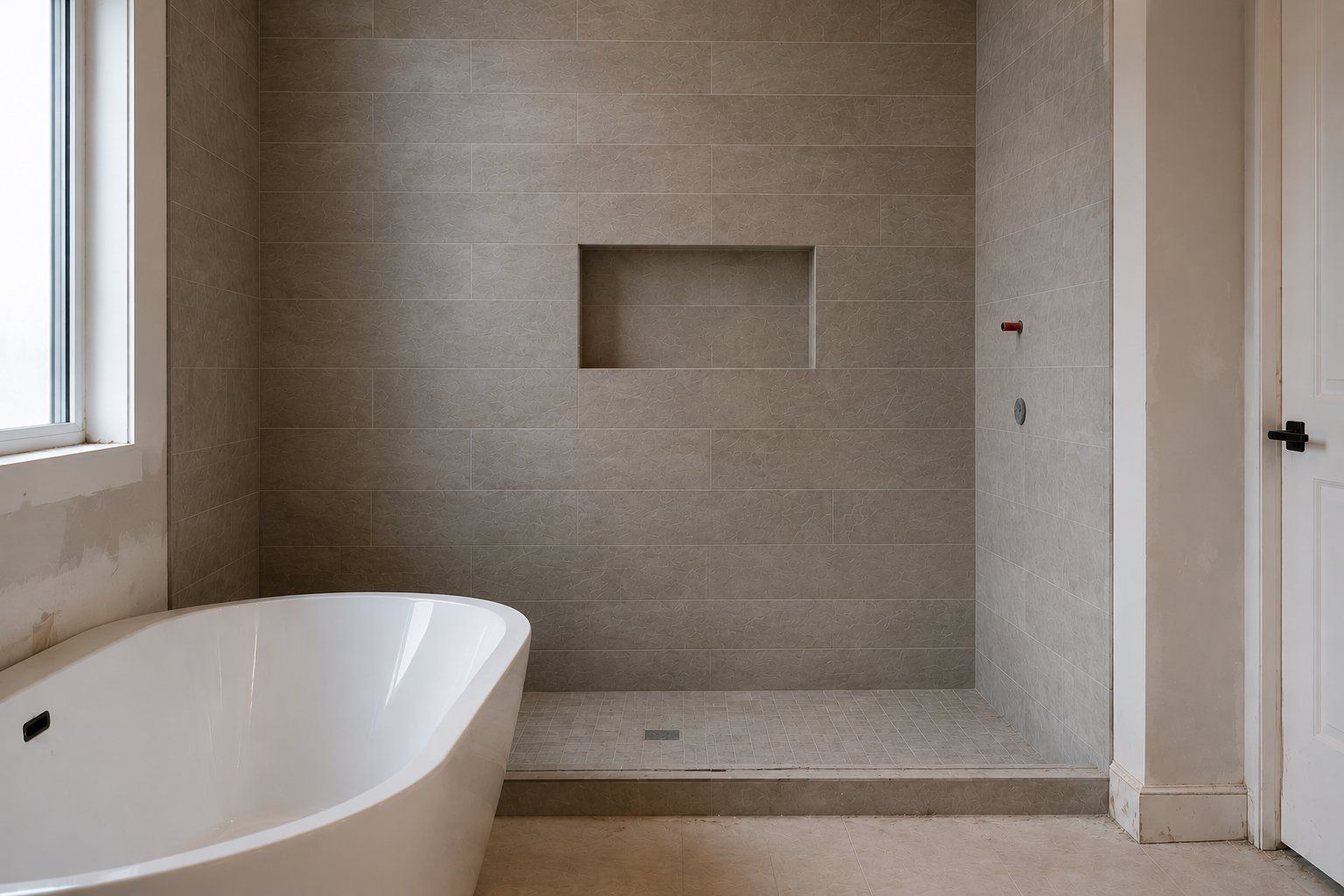 Gray tile shower with freestanding tub